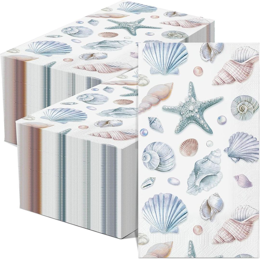 Funrous 200 Seashell Napkins Bulk 3 Ply Summer Ocean Sea Guest Napkins Coastal Beach Nautical Coastal Bathroom Paper Guest Towel for Bathroom Wedding, 7.9 x 4.3 in(Shell)