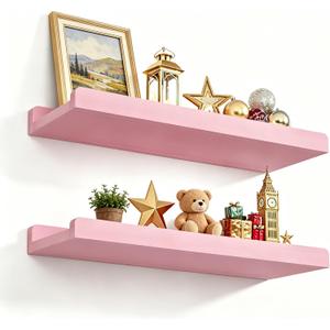 Love-KANKEI Floating Shelves Wall Mounted Set of 2, 17 Inch Rustic Wood Wall Shelves for Storage, Bedroom Living Room Bathroom Kitchen Office and More Pink