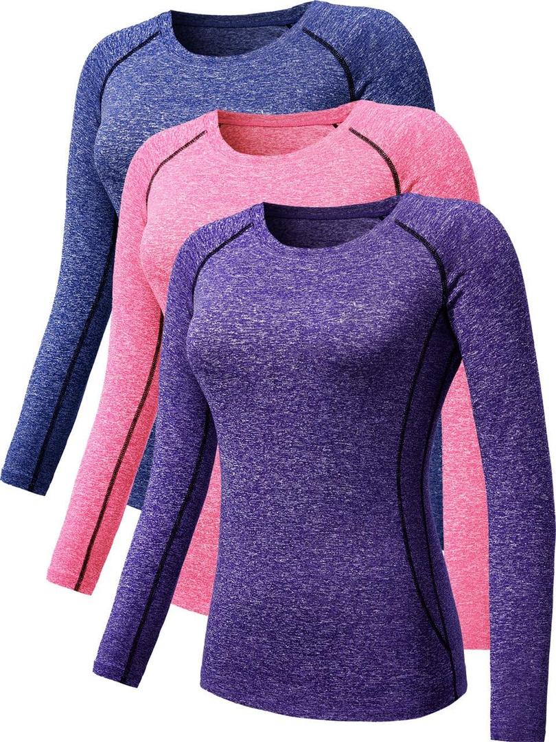 NELEUS Women's 3 Pack Compression Shirts Long Sleeve Yoga Athletic Running T Shirt (8021# Blue, Purple, Pink, Small)