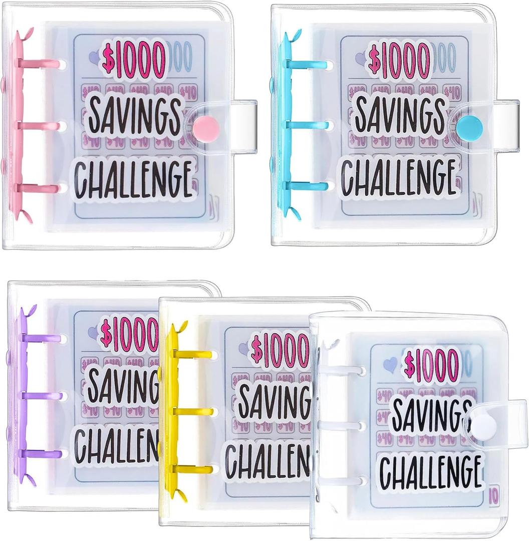 5 Pack 1000 Money Saving Challenge with 25 Binder Mini Savings Challenge Book with Envelopes for Budgeting Cash Planner, Pink & White & Blue & Purple & Yellow