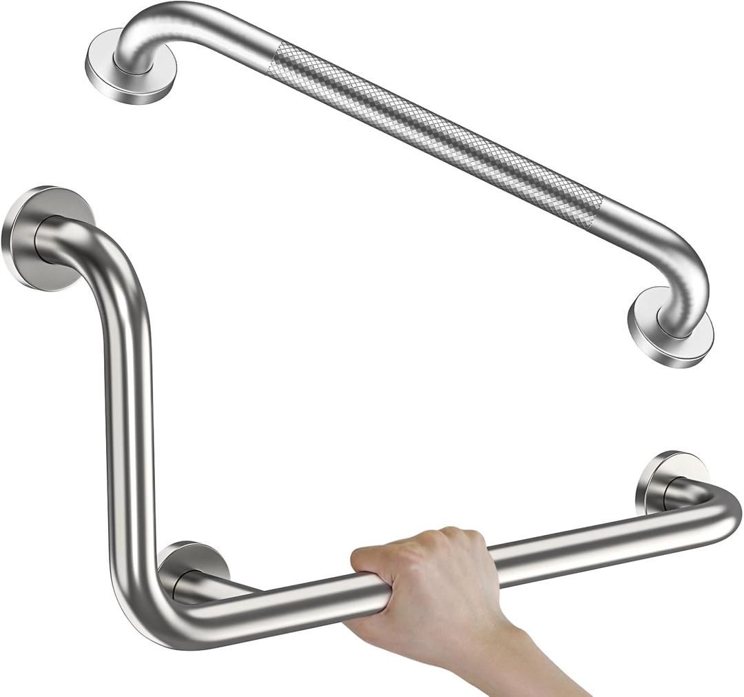 Brushed Nickel L-Shaped Grab Bar 12x24 Inch + Knurled Shower Grab Rail 20 Inch, Zepolu Stainless Steel Toilet Safety Bar 90 Degree, Angled Balance Support Assist Bar, Bathroom Mobility Aid Handrail
