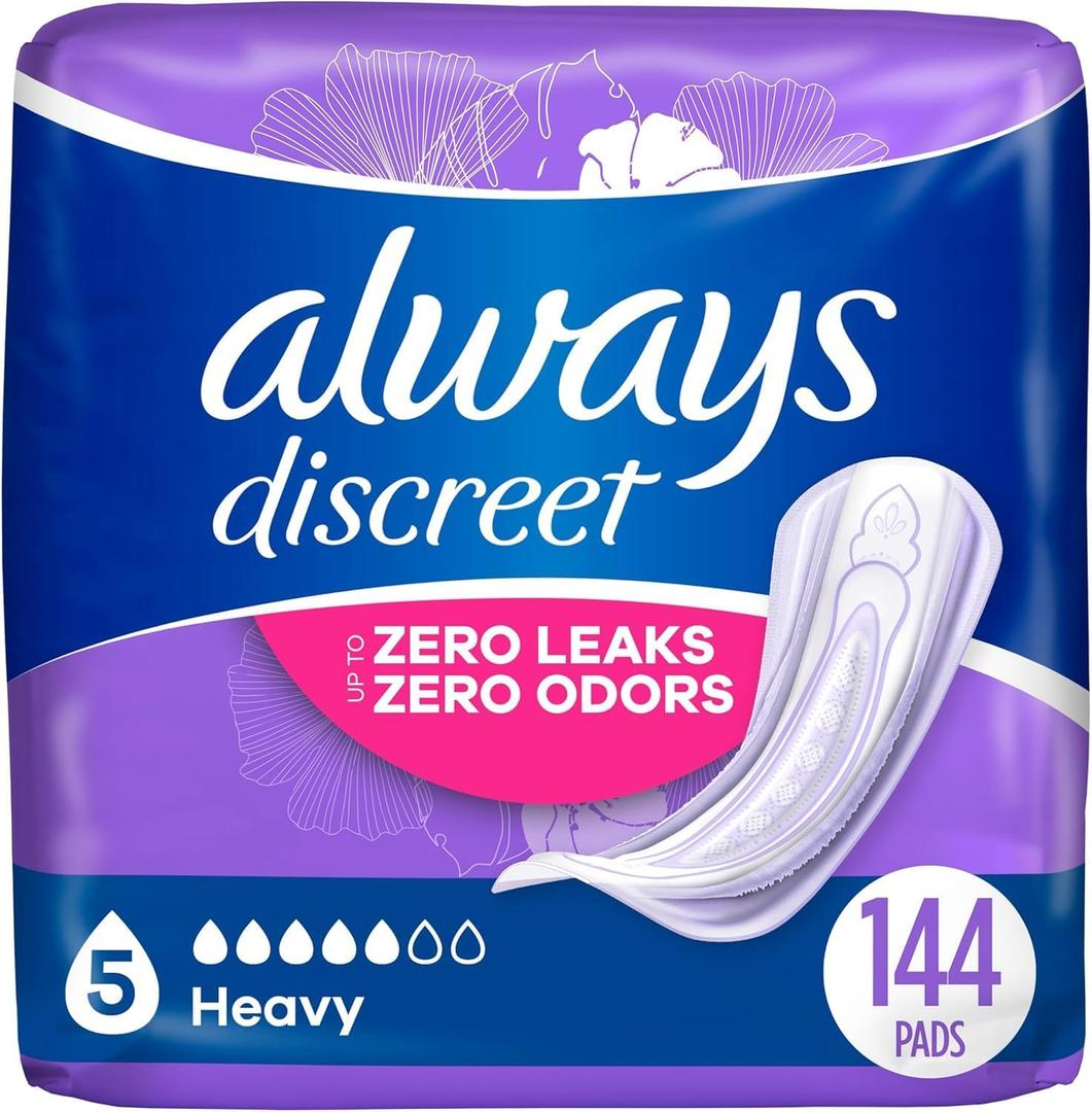 Always Discreet Adult Incontinence Pads for Women, Drier, 5 Drop Regular Length, Heavy Absorbency, Pads for Bladder Control Management, Bladder Leaks, & Postpartum Pads, 144ct