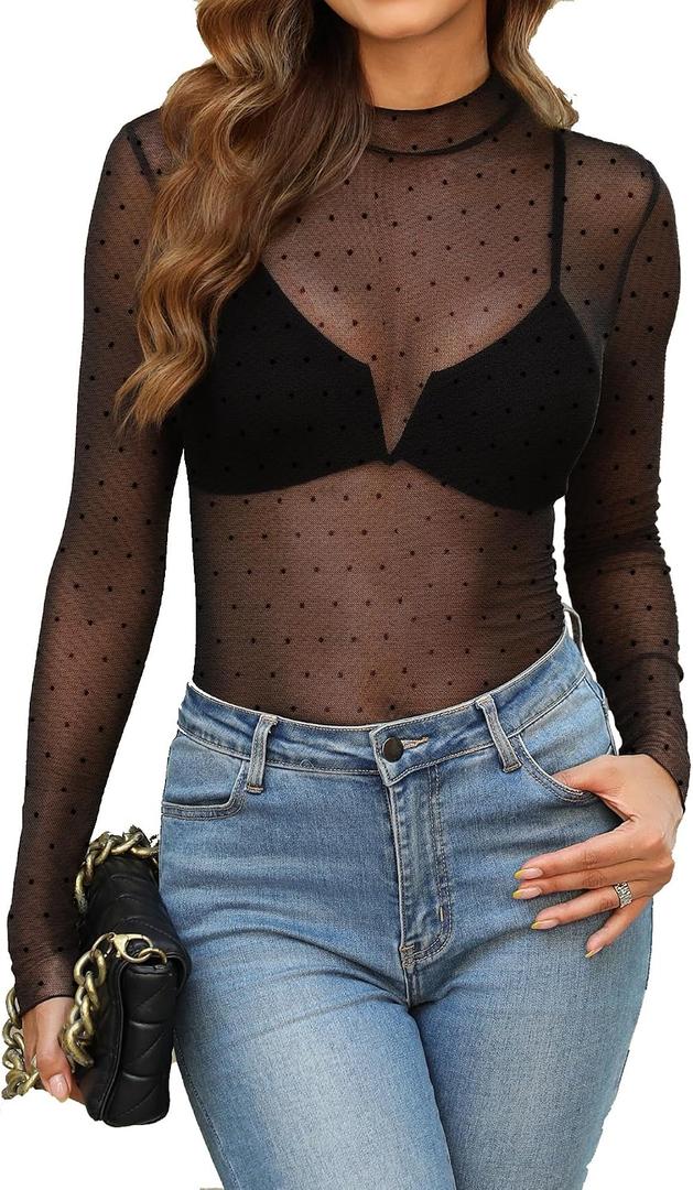OFEEFAN Womens Long Sleeve Mesh Top See Through Mock Neck Sheer Blouses (Black, S)