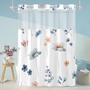No Hook Shower Curtain and Liner Set, Watercolor Blue Beige Floral Shower Curtains for Bathroom, Modern Hotel Bathroom Curtain Sets with Snap in Liner, 71x74 Inches