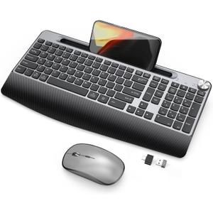 JOYACCESS Wireless Keyboard and Mouse, Ergonomic Wireless Keyboard with Wrist Rest and Phone Holder, Quiet Computer Mouse for Mac PC Laptop-Black Grey