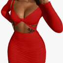 XXTAXN Women's Sexy Bodycon Deep V Neck Long Sleeve Cut Out Club Mini Dress (L, Red)
