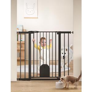 Babelio 36" Tall Auto Close Baby Gate with Small Cat Door, 29-43" Metal Cat Gate for Doorway, Stairs, House. Easy Walk Thru Dog Gate with pet Door, Includes 4 Wall Cups and 3 Extension Pieces, Black
