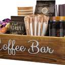 QUALLON Coffee Station Organizer with Small Removable Dividers, Wooden Coffee Bar Accessories Storage For Countertop, Farmhouse Kcup Coffee Pod Holder Basket With Handle For Coffee Lover