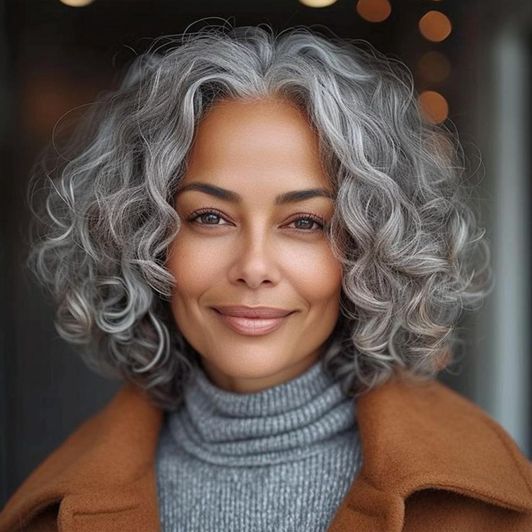 Short Gray Wavy Wigs for Women Grey Curly Bob Wig Middle Part Silver Synthetic Wig Natural Looking Daily Party Wig