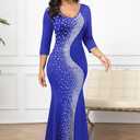 FANDEE Formal Maxi Dress for Women Mermaid 3/4 Sleeve Bodycon Long Gown for Evening Cocktail Party (Blue, XXL)