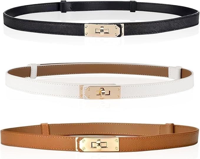 3 Pack Women Skinny Leather Belt,Slim Belt for Women, Adjustable Thin Belts with Adjustable Alloy Turn-Lock Buckle - Ideal for Dresses, Jeans, and Coats, Black,Brown and White (S)