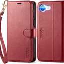 TUCCH Wallet Case for iPhone 17e 16e with [Wrist Strap], Magnetic Closure RFID Blocking 4 Card Slot, Stand Shockproof TPU Shell PU Leather Folio Compatible with iPhone 17e/16e, Dark Red with Wristlet