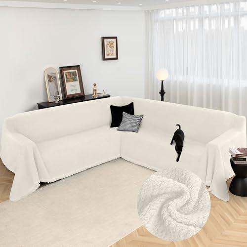 Arfntevss Corner Sectional Couch Covers L Shape Plush Sofa Cover with Tassel Thick Soft Couch Cover for Sectional Sofa U Shaped Slipcovers Washable Dog Furniture Protector (Ivory, 71" x 236")
