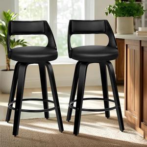 Counter Height Bar Stools Set of 2, 26" Swivel PU Leather Upholstered Barstools with Curved Bentwood Back & Legs, Mid-Century Modern Bar Chairs for Kitchen Island, Dining, Home Bar, Black