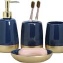 Navy Blue Gold Luxury Bathroom Accessories Set 4 Pieces,Vanity Countertop Ceramic Accessory Set for Bathroom Decor with Soap Dispenser,Toothbrush Holder, Tumbler,Soap Dish (Navy Blue)