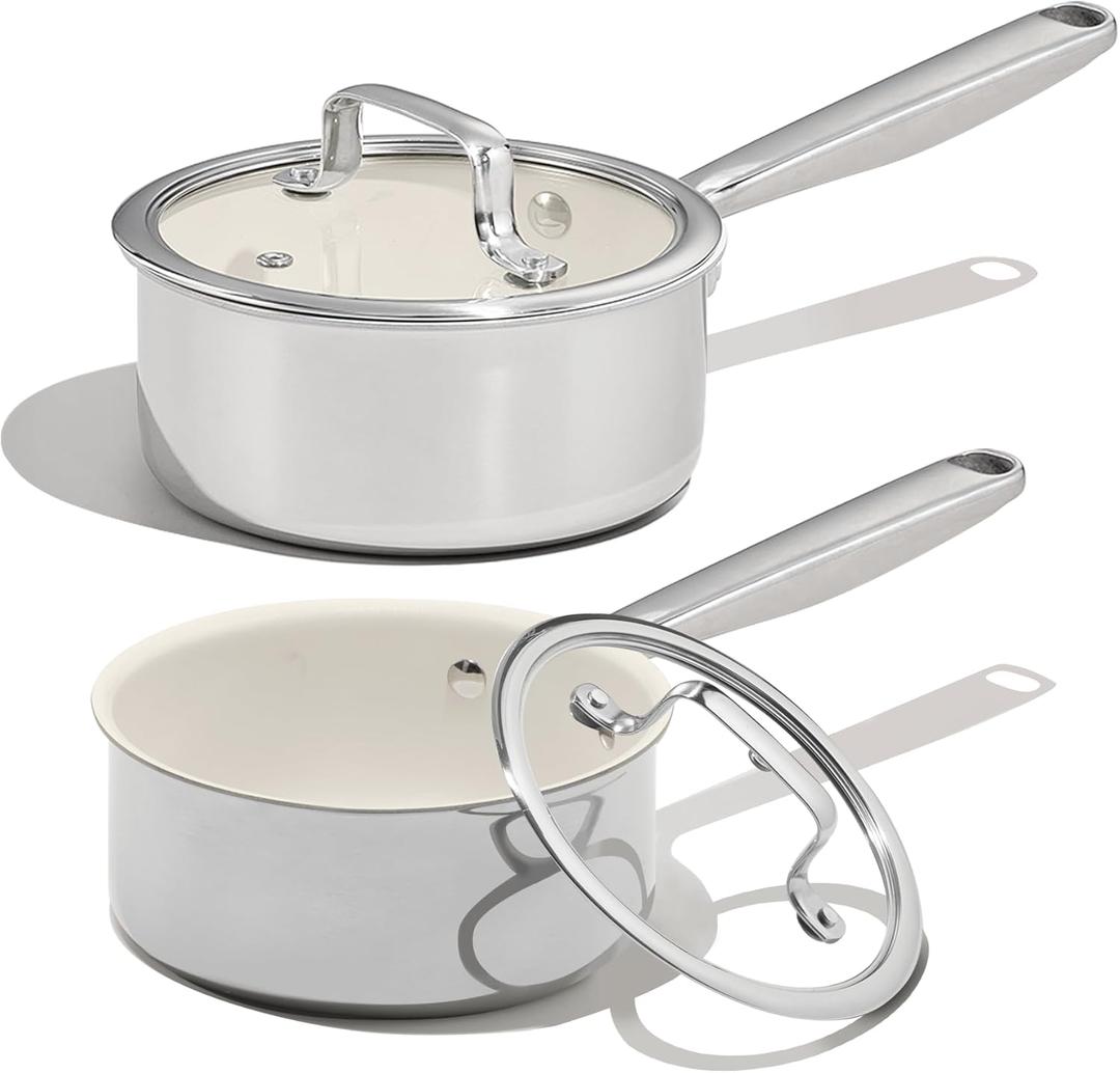 CAROTE 1.5Qt & 3Qt Stainless Steel Saucepan Set, Ceramic Pot Sets Non-Stick Non-Toxic Kitchen Cookware, Small Cooking Pots with Lids, Oven Safe, Induction Sauce Pan, Even Heating (White)