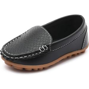 LONSOEN Toddler/ Little Kid Boys Girls Soft Synthetic Leather Loafer Slip-On Boat-Dress Shoes/ Sneakers, Black, 28/10