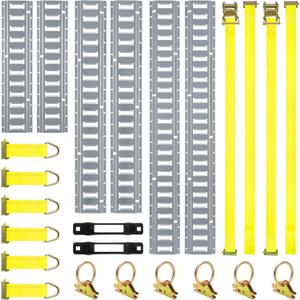 Elechomes E Track Tie-Down Rail Kit22 Pcs Set Etrack kit 6 Rails, 2 Ratchet Straps, 6 Rope Tie Offs, 6 O Ring Anchors, 2 Single Slot Anchors Securing Accessories for Garages Vans Motorcycle Silver