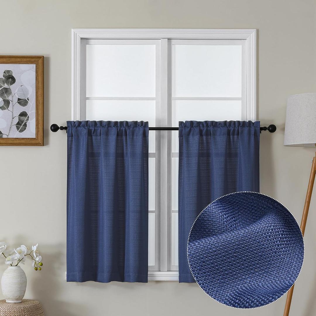 Lecloud Bessie Blue Kitchen Curtains 36 Inch Length 2 Panels, Faux Linen Textured Curtains for Bedroom Small Windows, Burlap Window Short Curtain Tiers for Boy's Room, Each 30 W x 36 L