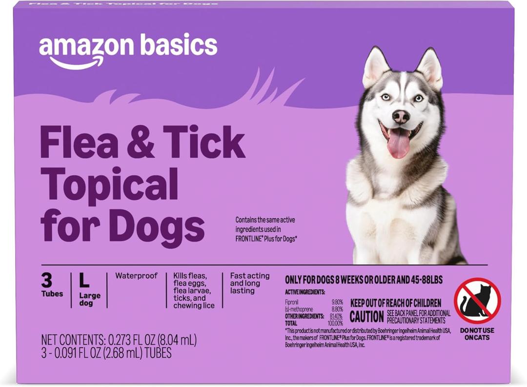 Amazon Basics Flea and Tick Topical Treatment and Prevention for Large Dogs (45-88 lbs), Fast Acting and Long Lasting, 3 Count, Packaging May Vary