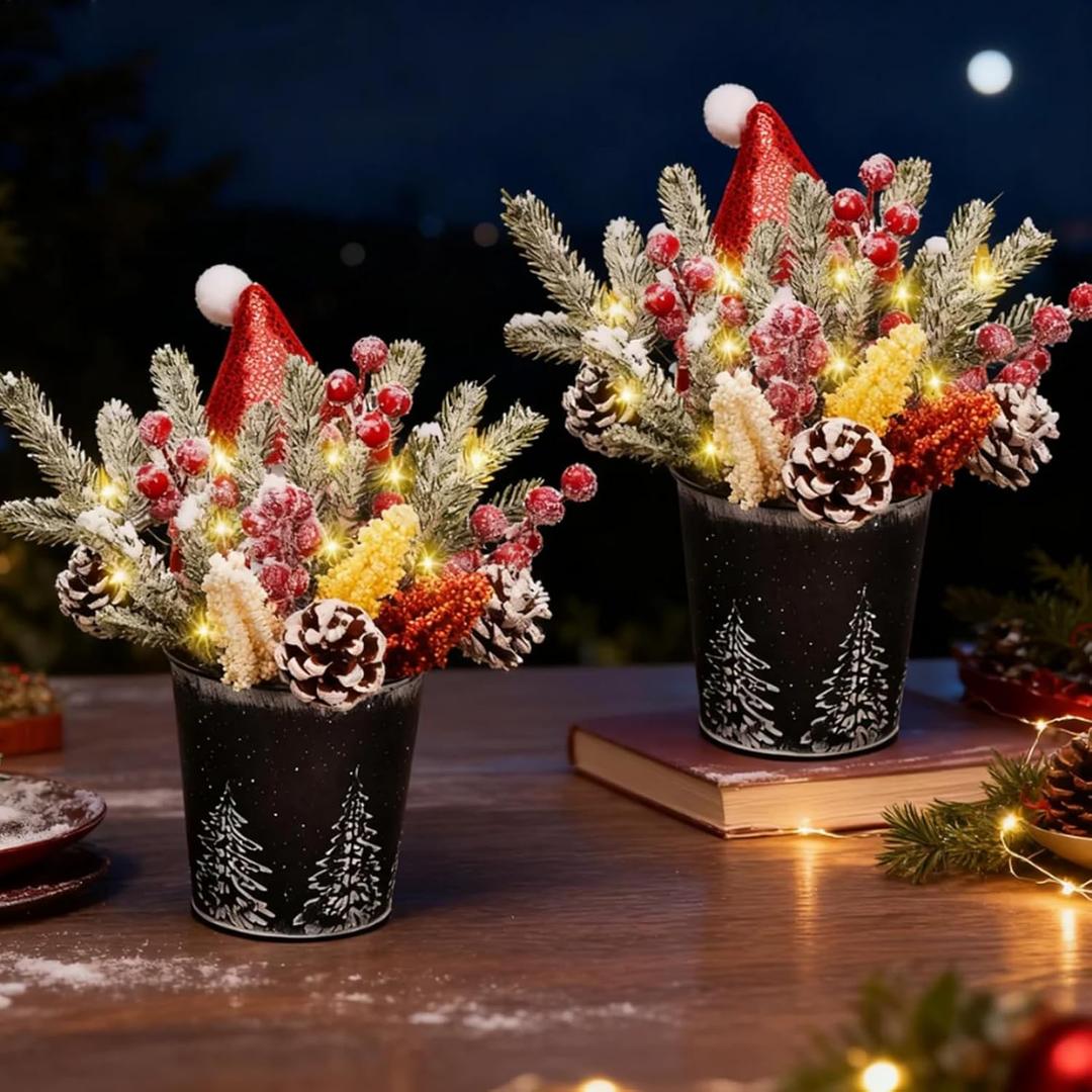 KC&KST 2PC Christmas Centerpieces for Tables with LED Lights - Tabletop Artificial Floral Arrangement Decorations, Pine Cones and Berries, Xmas Small Potted Holiday Table Decor(Small Christmas Tree)