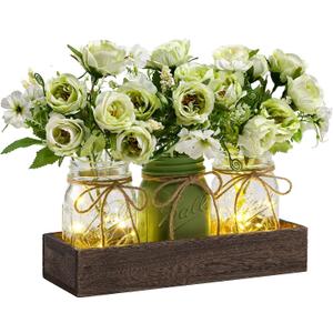 3 Pcs Mason Jar Centerpiece Table Decorations for Dining Farmhouse Coffee Table Decor with Wood Tray and Led Light Table Centerpieces for Dining room Kitchen Living Bathroom,Green