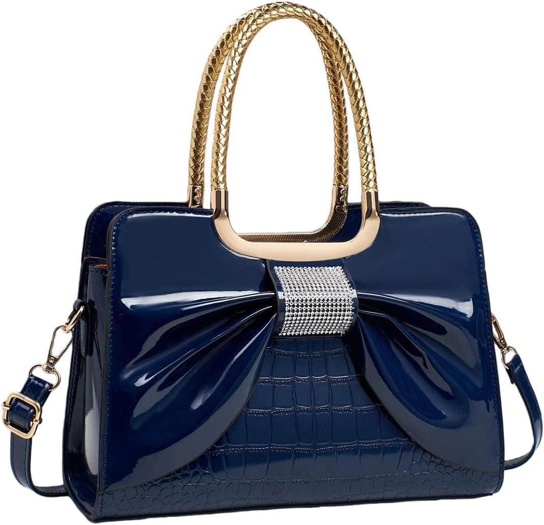 Women’s Glossy Patent Leather Handbag Top Handle Satchel - Medium Structured Shoulder Tote Purse with Adjustable Strap
