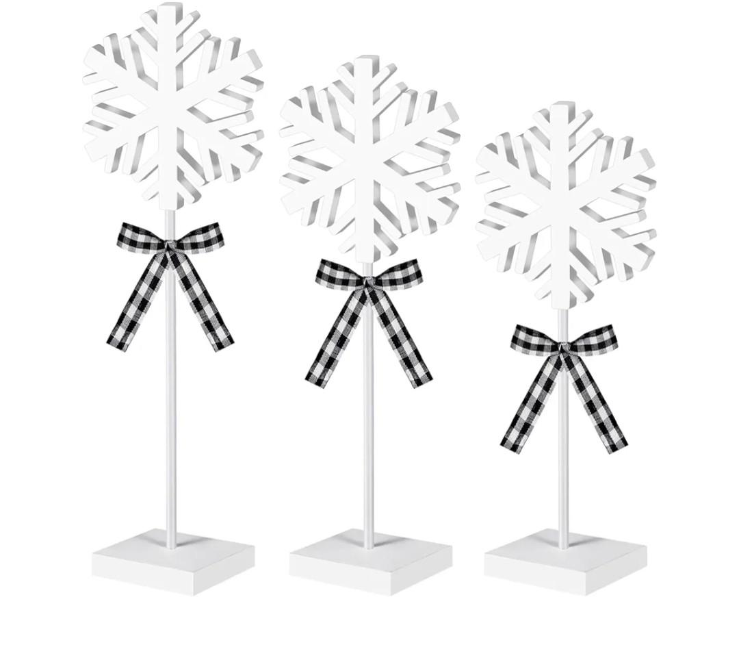 Geetery 1 Pcs Winter Snowflake Table Decorations Tall Standing Snowflake Decor Wooden Sign Block with Bow Winter Wooden Centerpieces for Table Home Tabletop Fireplace(White,Classic Style)