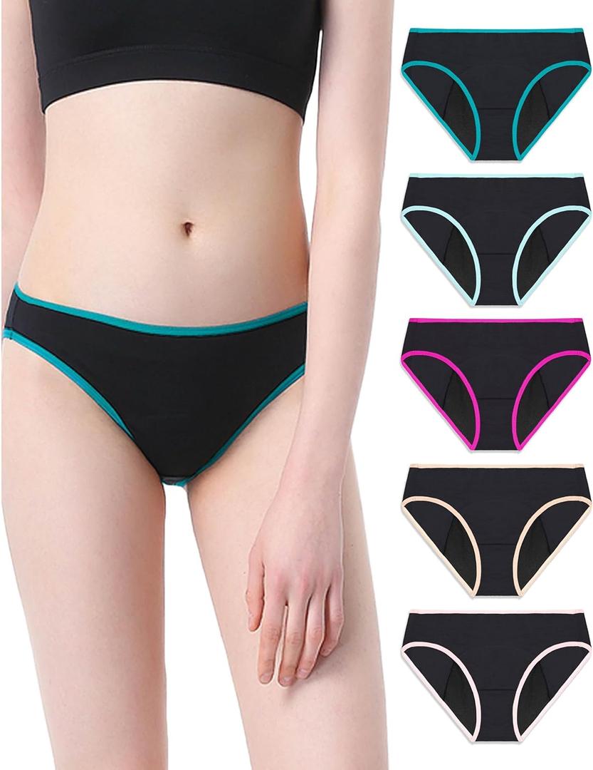 Neione Period Underwear Menstrual Panties High-Cut Cheeky Bikini Briefs Women Girls (Medium, 5-pk Playful Black)