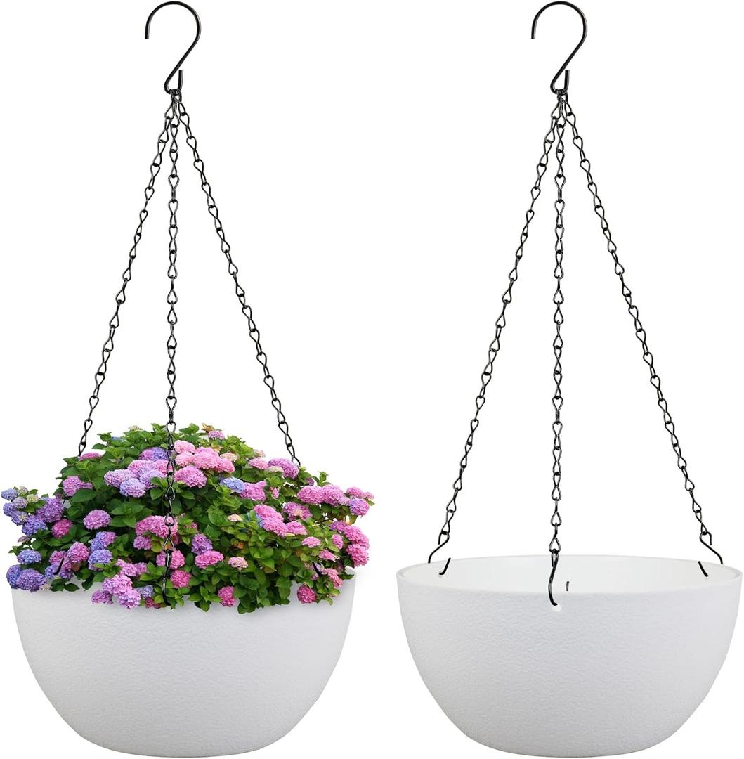 10 inch Hanging Planters for Indoor Outdoor Plants, 2 Pack Hanging Flower Pots with Drainage Holes and Chain for Garden Balcony Porch, Round Plastic Hanging Baskets for House Plants, White