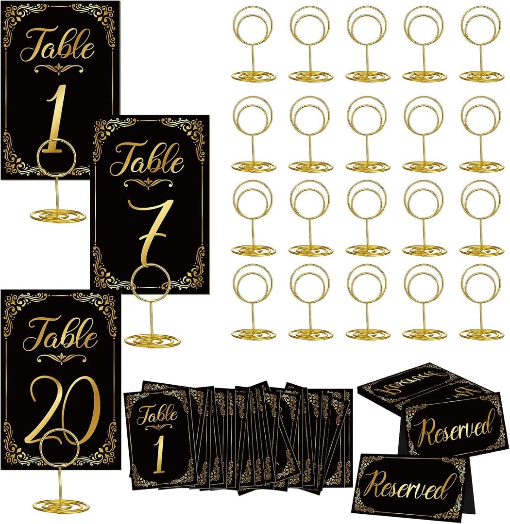 Wedding Table Numbers 1-20 with Holders and Reserved Sign, Gold Cards for Wedding, Anniversary, Birthday