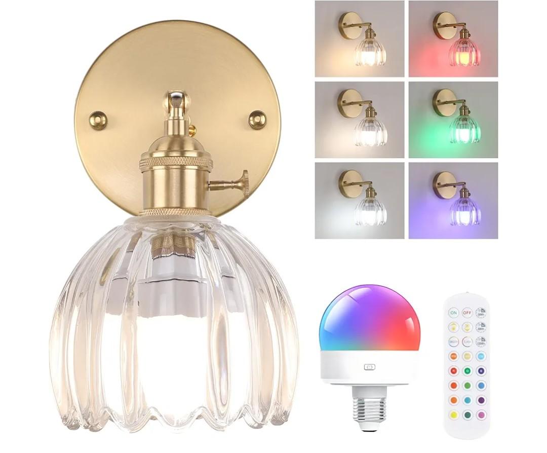 Vintage Battery Operated Wall Sconce with Cute Transparent Tulip Glass Lampshade Wireless Rechargeable Battery Powered Wall Light with Remote Control for Bedside Bedroom Doorway