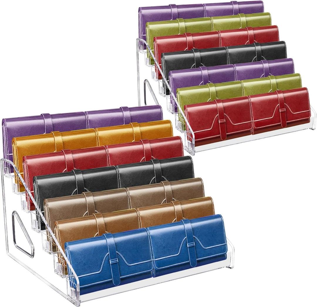 GRETJOB 7-Tier Wallet Display Stand, Acrylic Purse Display Stand, 7.8" Handbag & Perfume Organizer Rack, Cosmetic Jewelry Sunglasses Makeup Accessories Shelf (2 Pack)