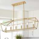 6-Light Kitchen Island Lighting, Gold Linear Chandelier Dining Room Over Table, Rectangle Pendant Light Fixtures Golden Finish for Living Room