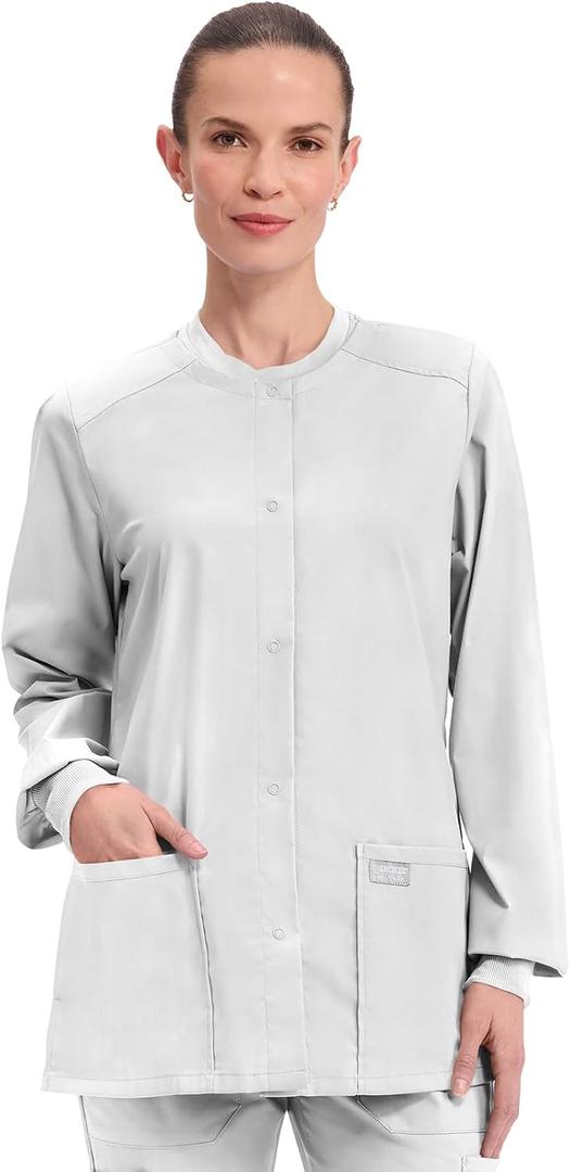 Cherokee Scrub for Women Snap Front Jacket with 3 Pockets, Fade Resistant, 2-Way Stretch, Soft & Durable Fabric - WW340 (Small, White)