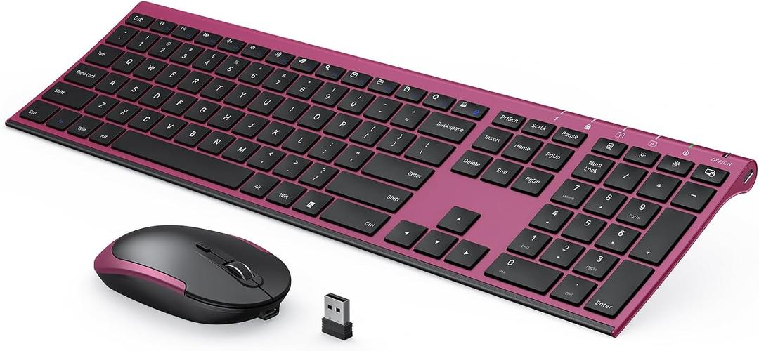 Rechargeable Wireless Keyboard and Mouse Combo, Vssoplor 2.4GHz Ultra Quiet & Slim Full Size Keyboard with 3Level DPI Mouse for Windows PC Laptop, Black and Wine Red