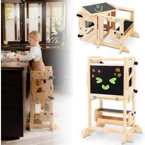 4-in-1 Montessori Smart Learning Tower  Convertible Toddler Step Stool, Activity Table & Chalkboard Center, Adjustable Height with Safety Net  Premium Eco-Friendly Wooden Design for Kids 13