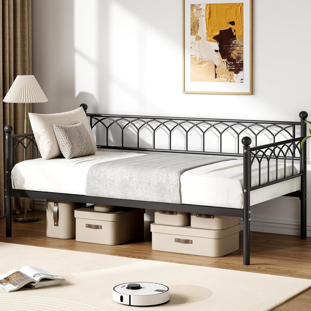 IDEALHOUSE Twin Size Daybed, Sofa Bed Frame with Metal Steel Slat Support, Heavy Duty Metal Bed Frame, Space Saving, Easy Assembly, for Small Spaces, Living Room, Bedroom, Apartment, Black