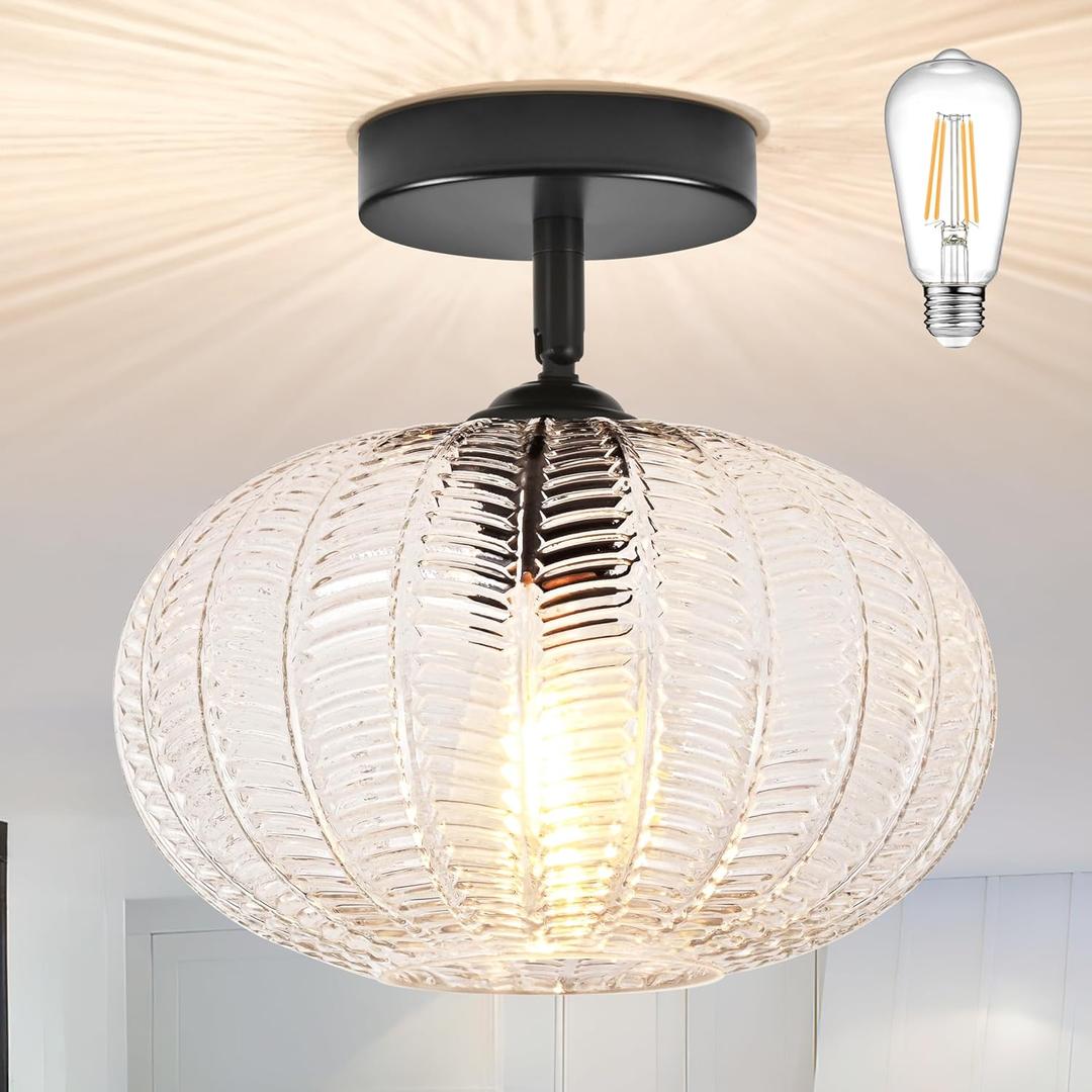 Black Semi Flush Mount Ceiling Lights Fixture Farmhouse Globe Glass Mid Century Light Fixtures Textured Glass Hallway Lights Fixtures Vintage Ceiling Light for Bathroom Entryway(Bulb Incl.)