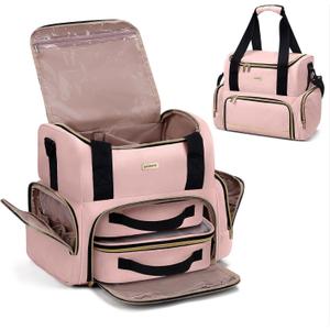 BAFAMYE Large Makeup Cosmetic Bag with 2 Removable Case, Double Layer Travel Makeup Organizer Case, travel Toiletry Bag For Women, Pink