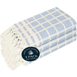 Sky Blue and White Dotted Matrix Kitchen Towels 3 Pack, 100% Cotton, 16x26 Inch, Tassel Edged Dish Towels, Reusable, Soft, Quick Drying, Great for Drying Dishes