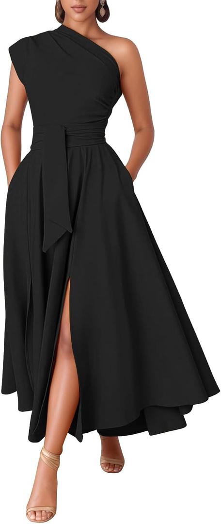Kwunbwa One Shoulder Dresses for Women Elegant Asymmetrical A Line Flowy Formal Evening Gowns Party Cocktail Dress (Black, L)