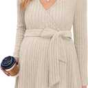 FMEYOA Womens Maternity Shirts Long Sleeve Pregnancy Tops Casual V Neck Ribbed Knit Pregnant Blouses (Beige, S)