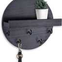 Key Holder for Wall  Decorative Key Hook Shelf for Entryway Decor  7.9 Inch Round Paulownia Wood Hey Hanger with 5 Metal Hooks Includes Mounting Hardware and Installation Guide (Black)