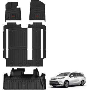 3W Floor Mats&Trunk Mat Fit Toyota Sienna 2021-2026 LE/XLE(Only for 8 Seat), TPE All Weather Custom Fit Floor Liner for Sienna 1st, 2nd and 3rd Row &Cargo Liner, Black with Red Accent