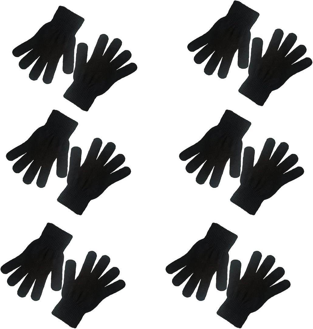 6 Pairs Winter Magic Gloves Adults Warm Stretchy Cold Weather Mittens Unisex Black Gloves One Size Fits Most Men Women Teens Knit Gloves