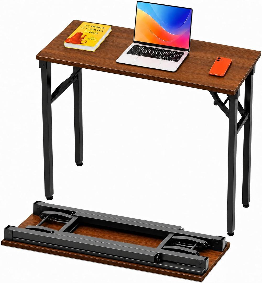 Folding Table Computer Desk - 35.8" No Assembly Folding Desk Design and Foldable Office Desk, Small Desk for Bedroom, Compact Storage Portable Use for Dorm and RV Small Space, Dark Walnut