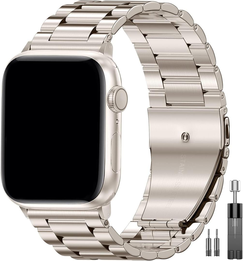 EPULY Compatible with Apple Watch Band, Business Stainless Steel Metal Watchband for iWatch Strap Ultra SE Series 8 7 6 5 4 3 2 1 Men, Starlight, 45mm 44mm 42mm 49mm 46mm (series 11 10)