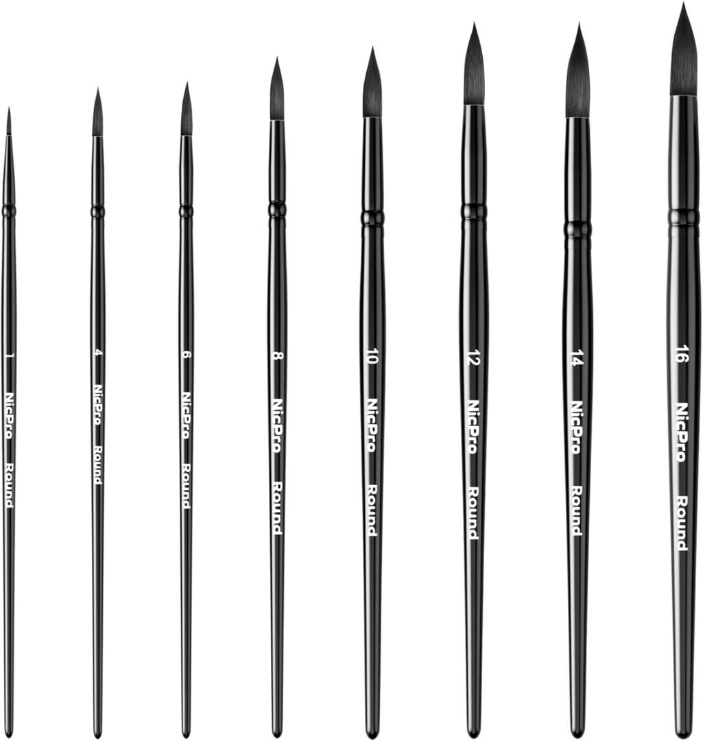 Nicpro 8pcs Watercolor Paint Brushes, Round Pointed Tip Paint Brush Set, Professional Soft Synthetic Squirrel Paint Brushes, Artist Painting Brushes for Watercolor, Inks, Gouache, Acrylic, Oil