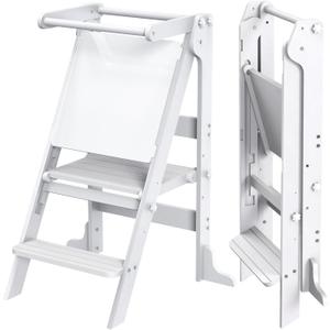 Toddler Tower Foldable with 3 Adjustable Heights & Double-Sided Drawing Board, Montessori Kitchen Step Stool Helper, Learning Stool with Safety Rail, Standing Tower for Counter Bathroom Sink (White)